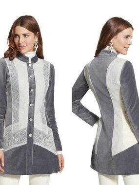 Chicos SZ 3 Silver Treasure Artisan Duster Jacket US XL Velvet Floral La…